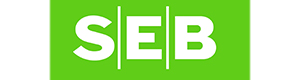 Три большие белые буквы SEB, разделённые белыми полосами, на прямоугольном зелёном фоне.